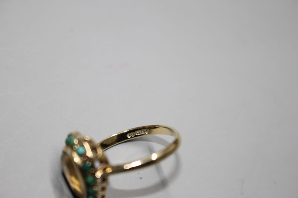 A 1960s 9ct gold, heart shaped citrine and turquoise bead set heart shaped dress ring,